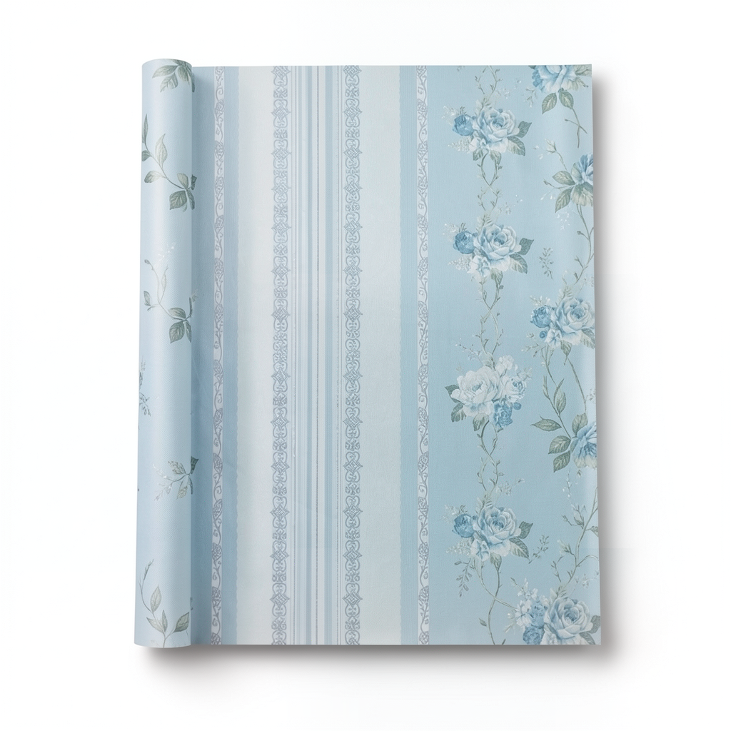 Floral Wallpaper Vinyl Wrap 15.6m x 106cm Blue with Gray and Green