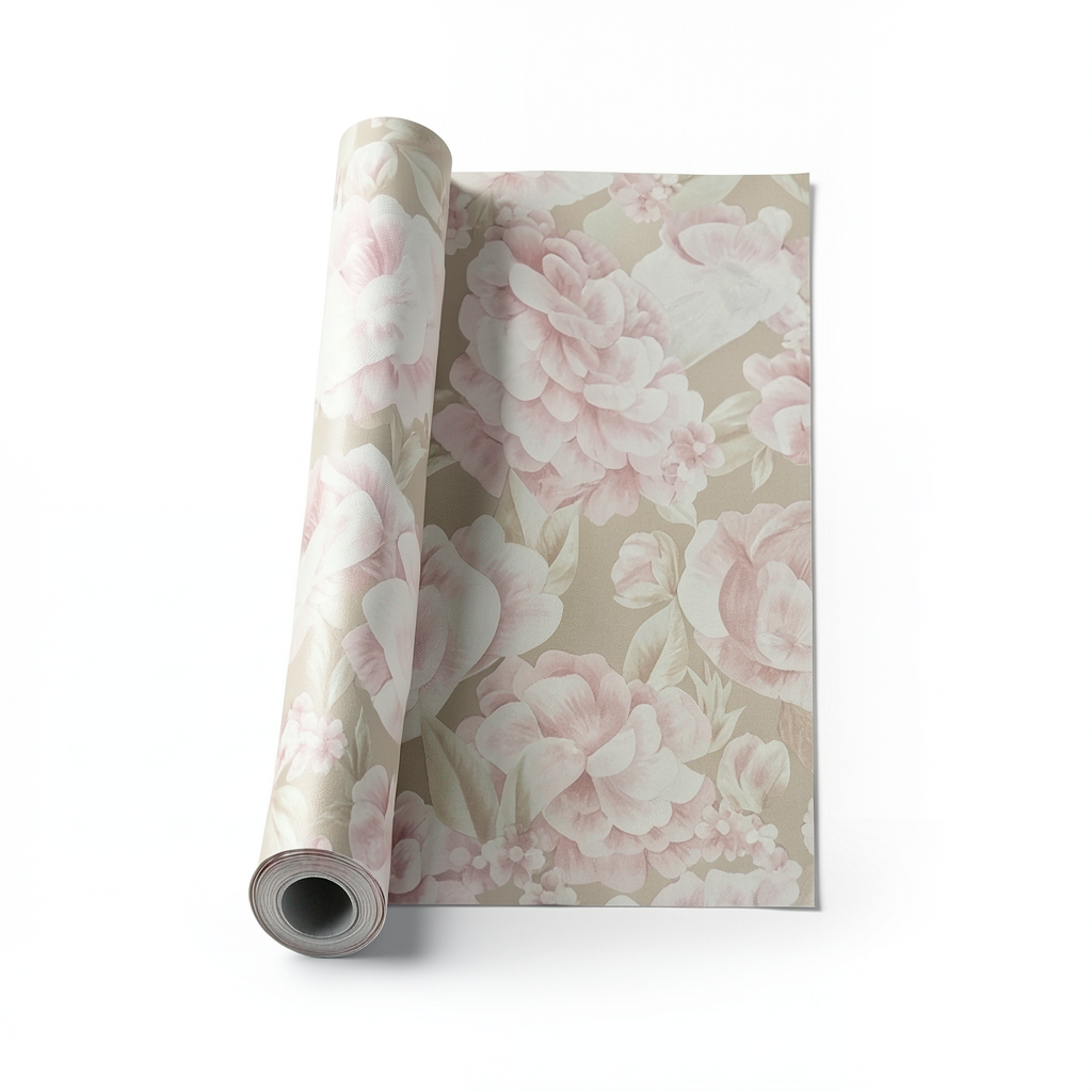 Floral Wallpaper Vinyl Wrap 15.6m x 106cm Beige with White and Pink