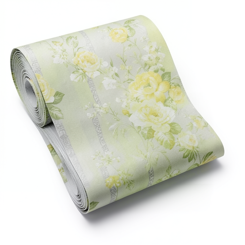 Floral Wallpaper 15.6m Length 106cm Width Green on Yellow and Grey