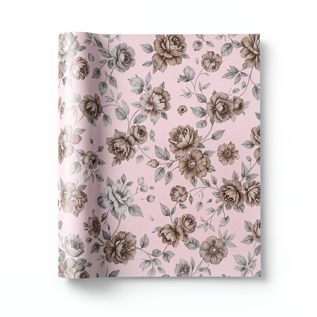 Floral Wallpaper 15.6m×106cm Pink with Brown and Gray
