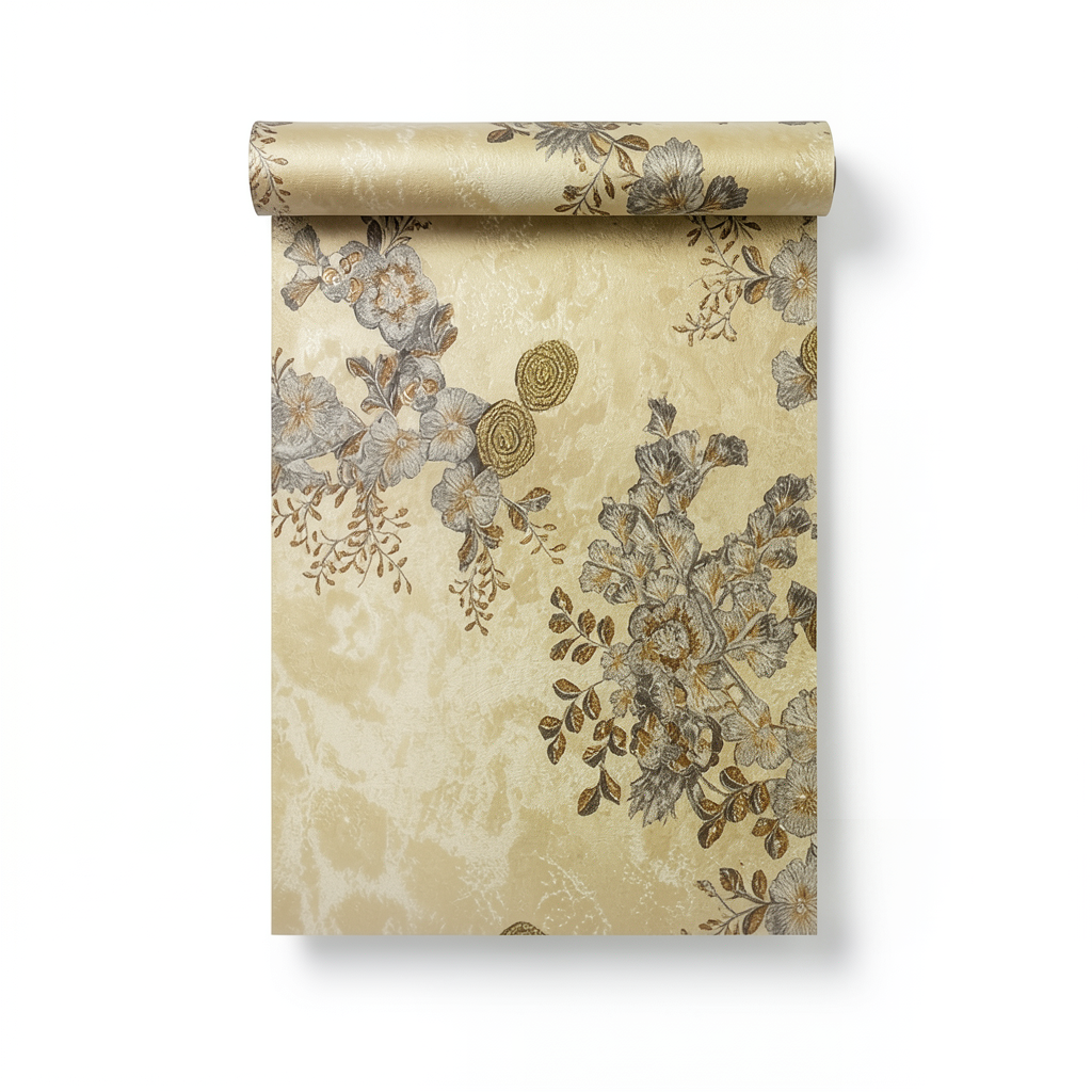 Floral Wall Covering 15.6m x 106cm Gold with Brown and Gray