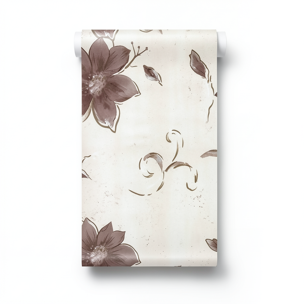 Floral Wall Decoration 10m x 53cm Brown on White and Beige