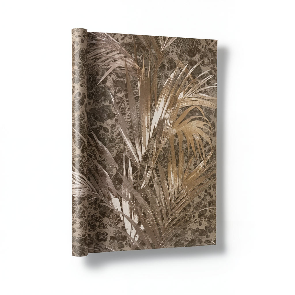 Leaf-patterned Wall Cover 10m×1.06m Brown with Beige Color, Model 5565