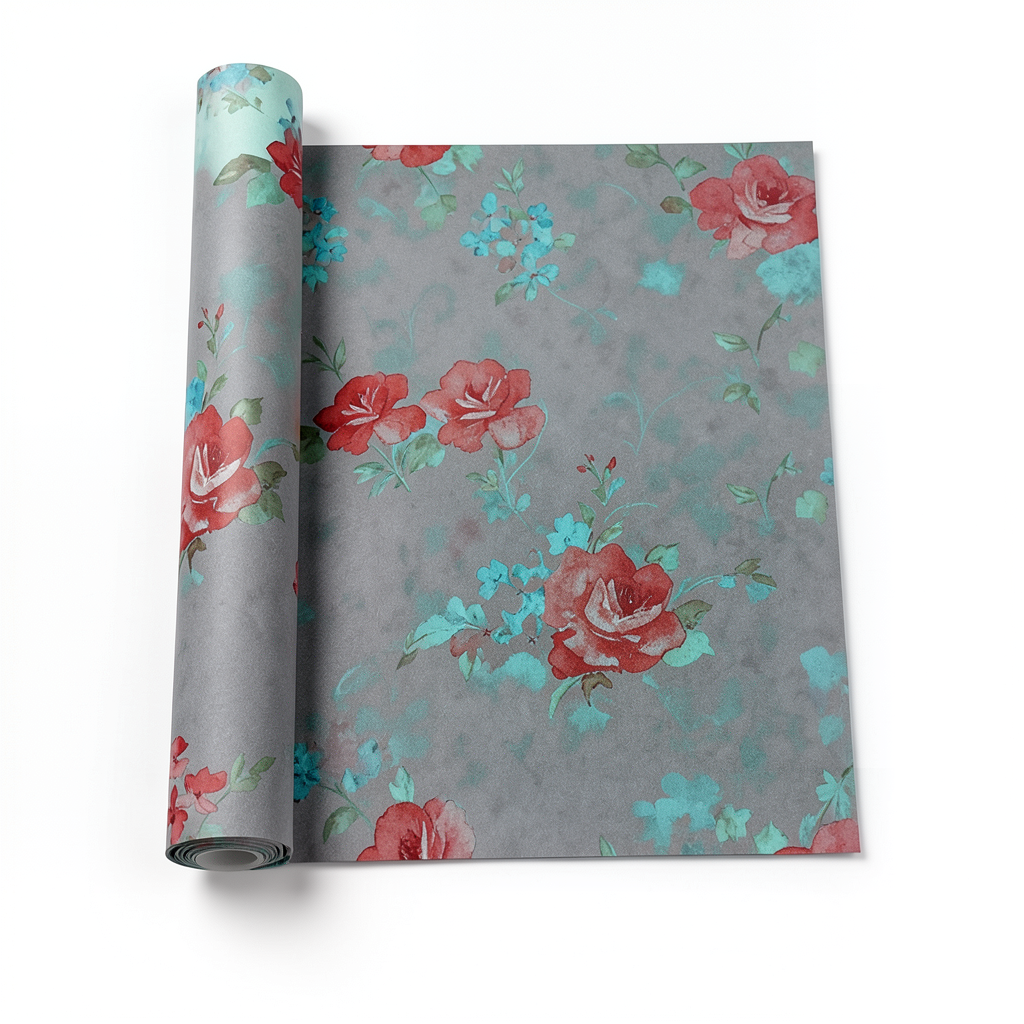 Floral Wallpaper 15.6m×106cm Gray with Red and Cyan
