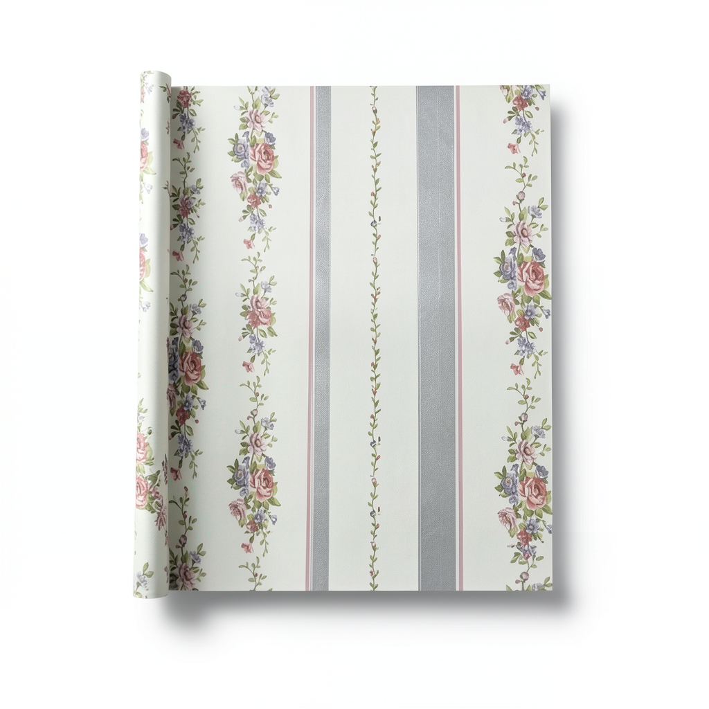 Floral Wallpaper 15.6m x 106cm Red, Purple, Green with Silver & Grey