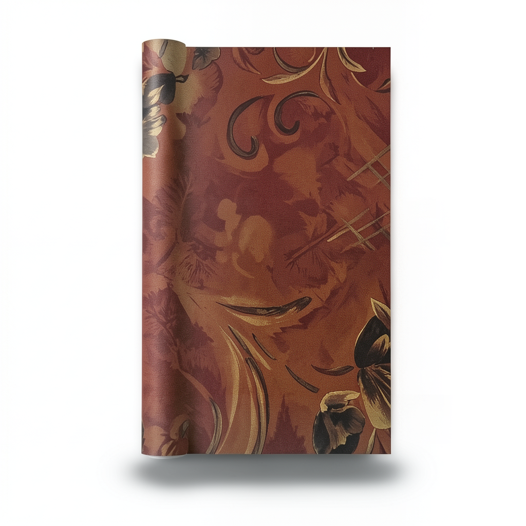 Wallpaper Floral Design 10m×53cm Golden with Dark Red