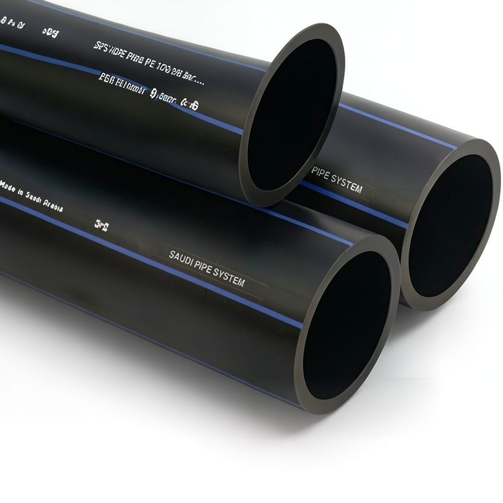 أنابيب HDPE السعودي PE 100 ضغط 6 بار قطر خارجي 90 مم سمك 3.5 مم لون اسود | مصنع أنظمة الانابيب السعودي (SPS)
