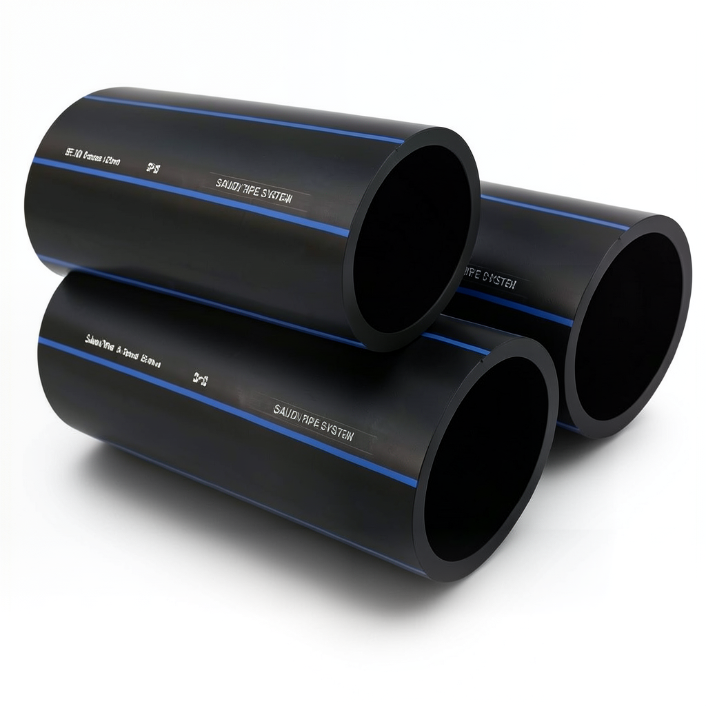 مواسير HDPE PE 100 ضغط 6 بار قطر خارجي 125 مم سمك 4.8 مم لون أسود | مصنع أنظمة الانابيب السعودي (SPS)