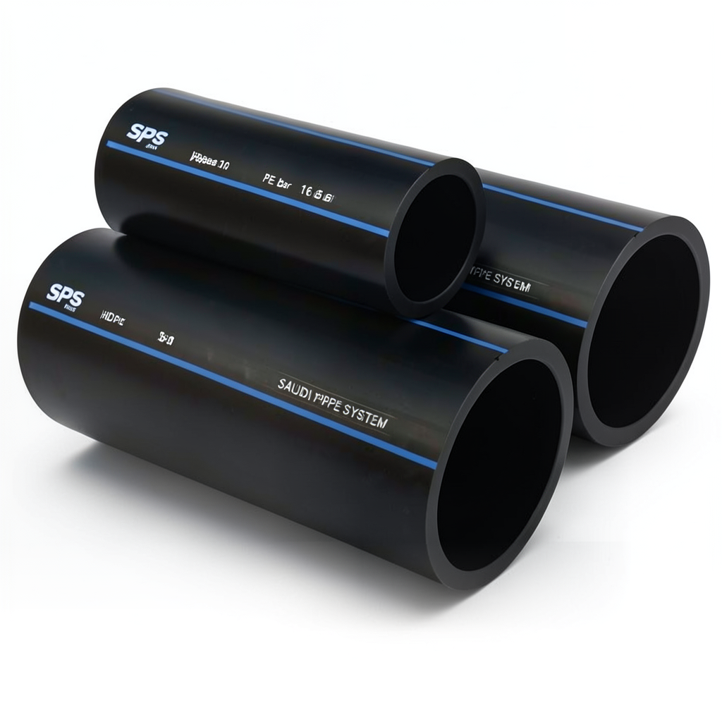 أنابيب HDPE السعودي PE 100 ضغط 16 بار قطر خارجي 110 مم سمك 10 مم لون أسود | مصنع أنظمة الانابيب السعودي (SPS)