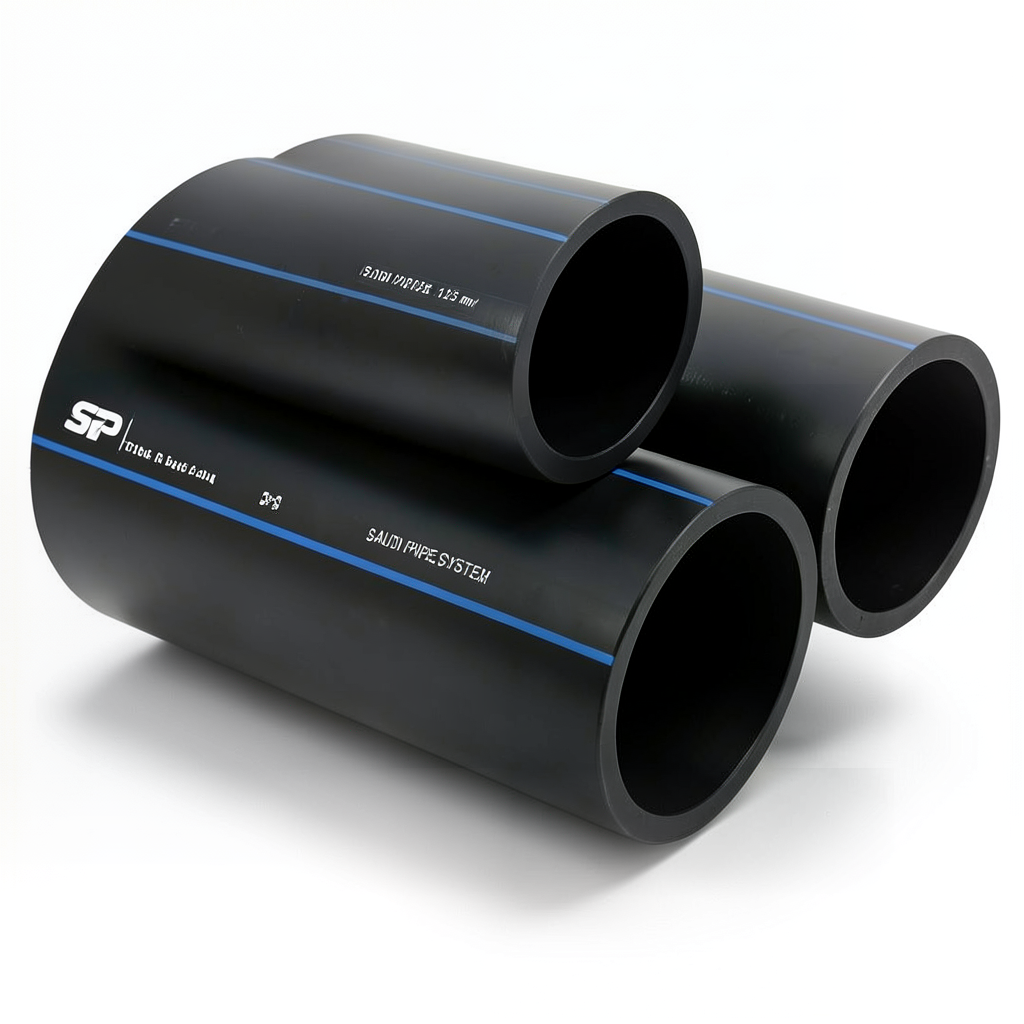 مواسير HDPE PE 100 ضغط 6 بار قطر خارجي 125 مم سمك 4.8 مم لون أسود | مصنع أنظمة الانابيب السعودي (SPS)