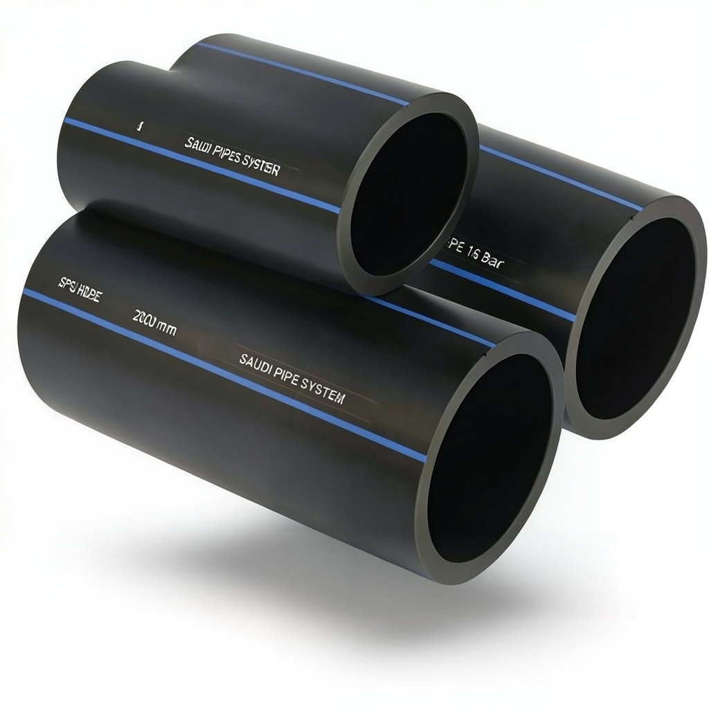 أنابيب HDPE السعودي PE 100 ضغط 16 بار قطر خارجي 200 مم سمك 18.2 مم لون اسود | مصنع أنظمة الانابيب السعودي (SPS)