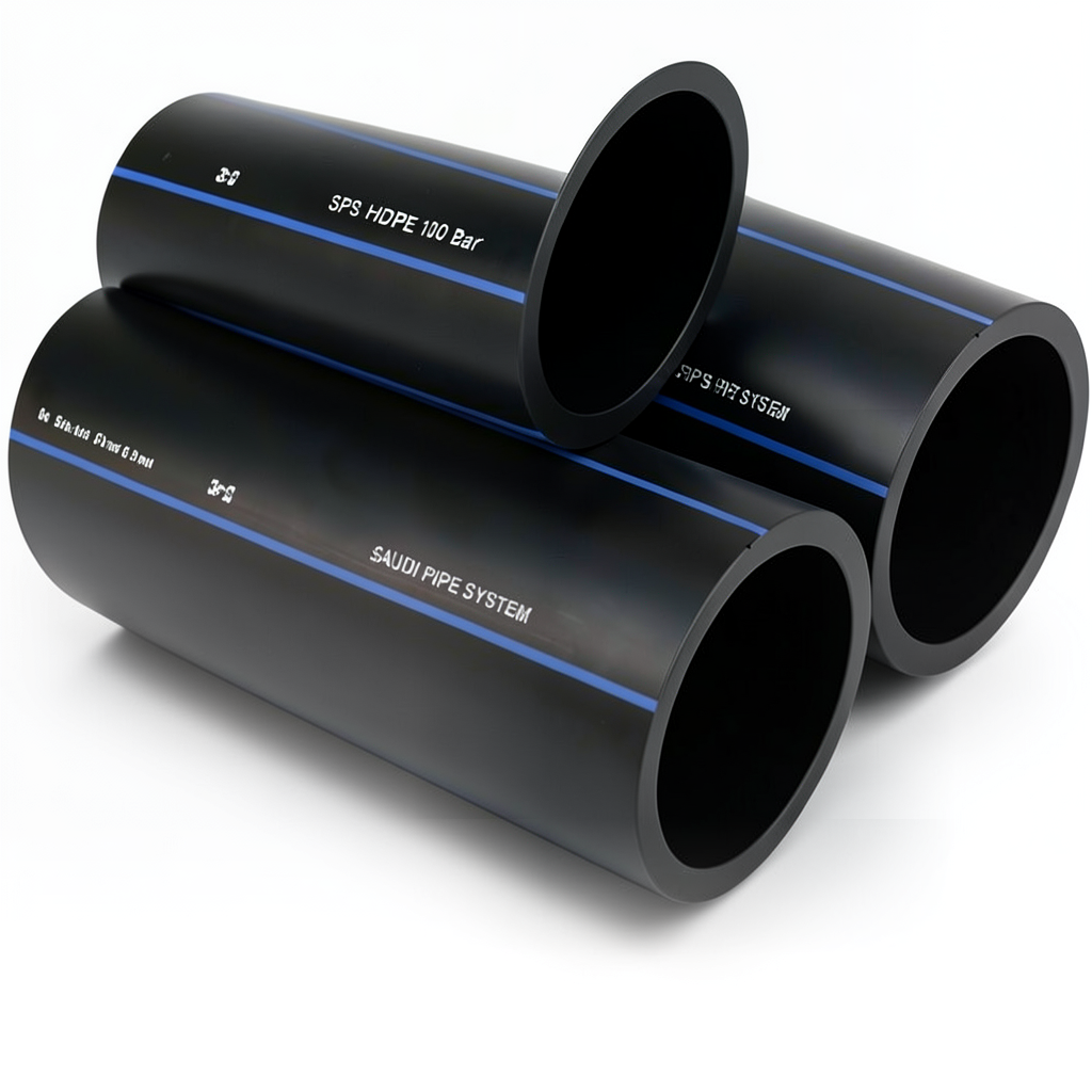 أنابيب HDPE السعودي PE 100 ضغط 6 بار قطر خارجي 180 مم سمك 6.9 مم لون اسود | مصنع أنظمة الانابيب السعودي (SPS)