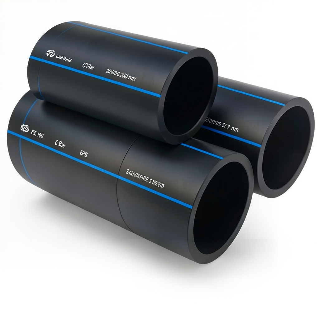 أنابيب HDPE PE 100 ضغط 6 بار قطر خارجي 200 مم سمك 7.7 مم لون أسود | مصنع أنظمة الانابيب السعودي (SPS)