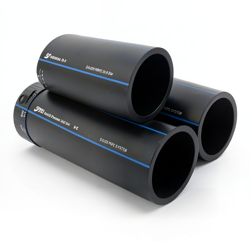 أنابيب HDPE السعودي PE 100 ضغط 16 بار قطر خارجي 200 مم سمك 18.2 مم لون اسود | مصنع أنظمة الانابيب السعودي (SPS)