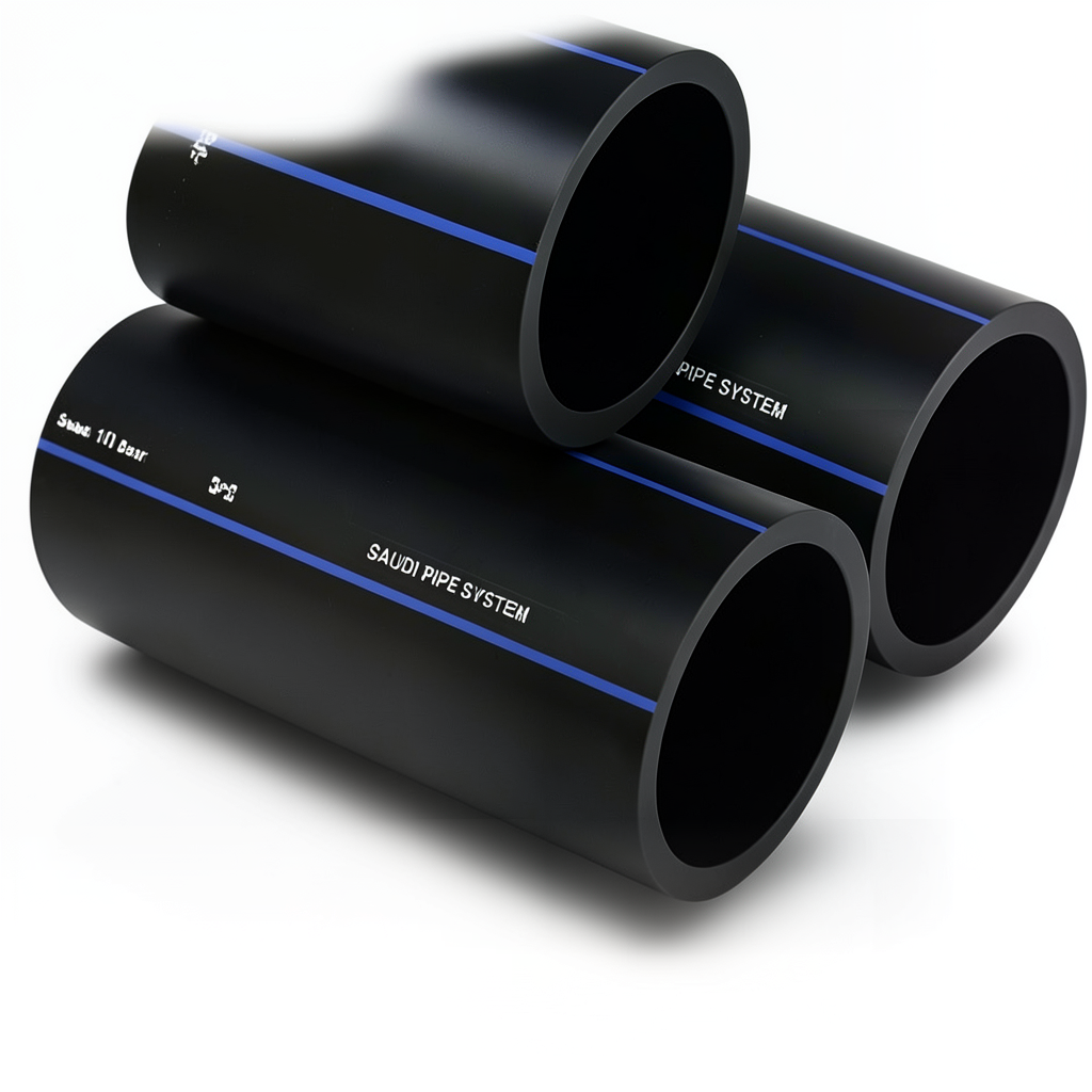 أنابيب HDPE السعودي PE 100 ضغط 10 بار قطر خارجي 250 مم سمك 14.8 مم لون اسود | مصنع أنظمة الانابيب السعودي (SPS)