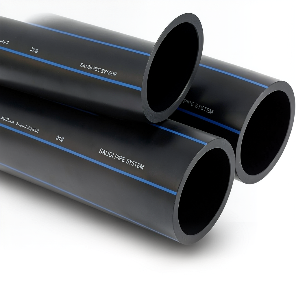 مواسير HDPE PE 100 ضغط 10 بار قطر خارجي 450 مم سمك 26.7 مم لون أسود | مصنع أنظمة الانابيب السعودي (SPS)