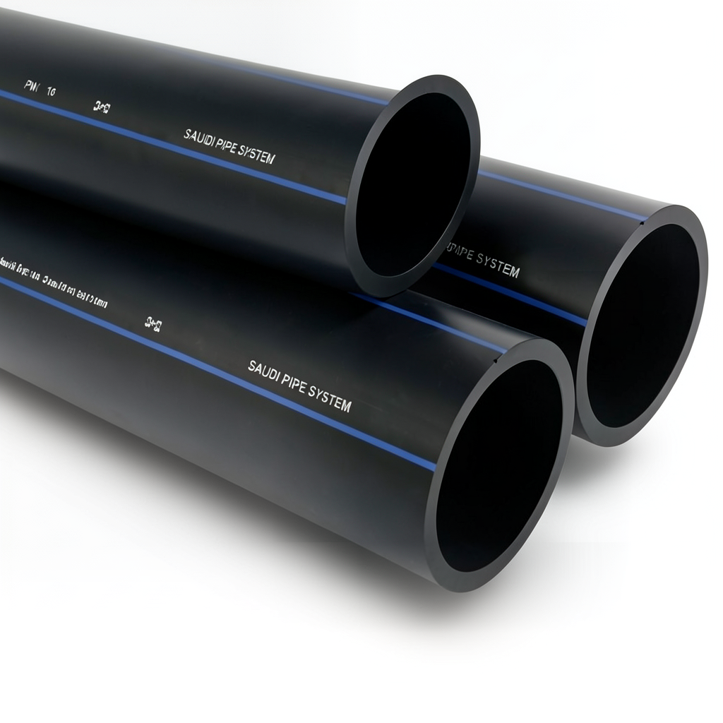أنابيب HDPE السعودي PE 100 ضغط 16 بار قطر خارجي 355 مم سمك 32.2 مم لون اسود | مصنع أنظمة الانابيب السعودي (SPS)