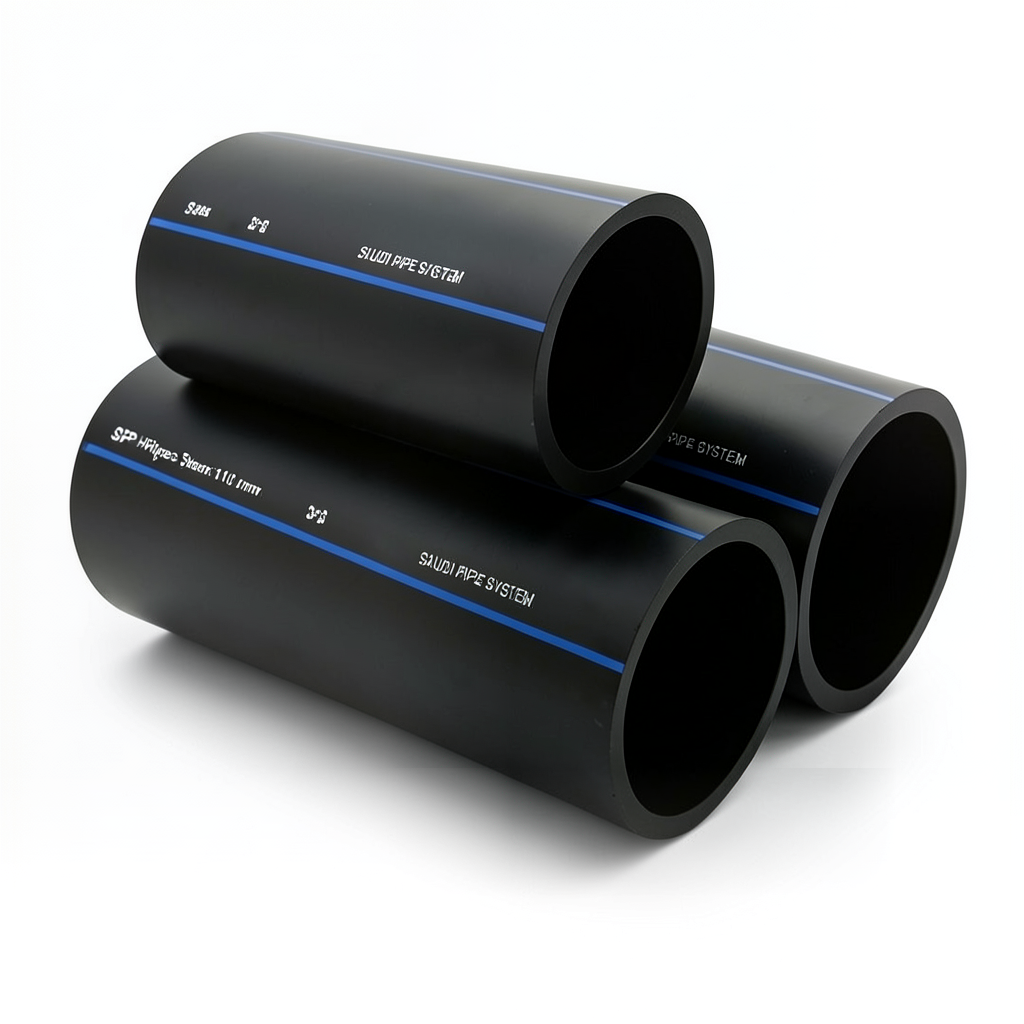 أنابيب HDPE السعودي PE 80 ضغط 8 بار قطر خارجي 110 مم سمك 6.6 مم لون اسود | مصنع أنظمة الانابيب السعودي (SPS)