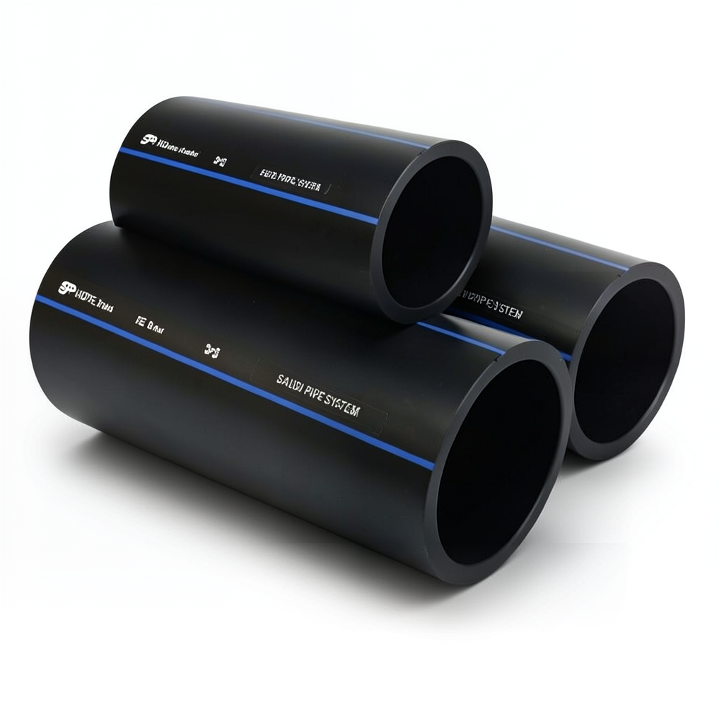 مواسير HDPE السعودي PE 80 ضغط 8 بار قطر خارجي 200 مم سمك 11.9 مم لون أسود | مصنع أنظمة الانابيب السعودي (SPS)