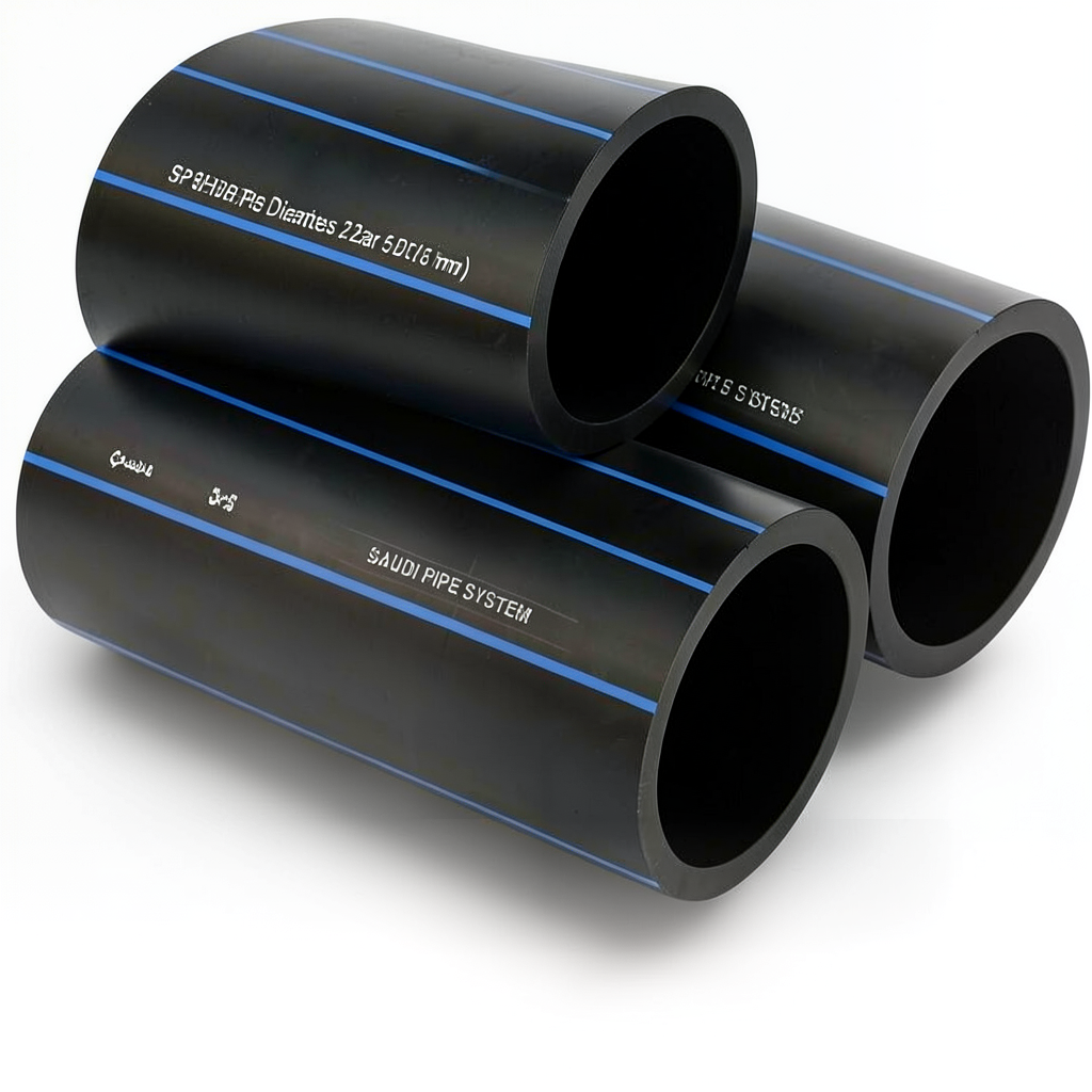 مواسير HDPE السعودي PE 80 ضغط 5 بار قطر خارجي 225 مم سمك 8.6 مم لون اسود | مصنع أنظمة الانابيب السعودي (SPS)