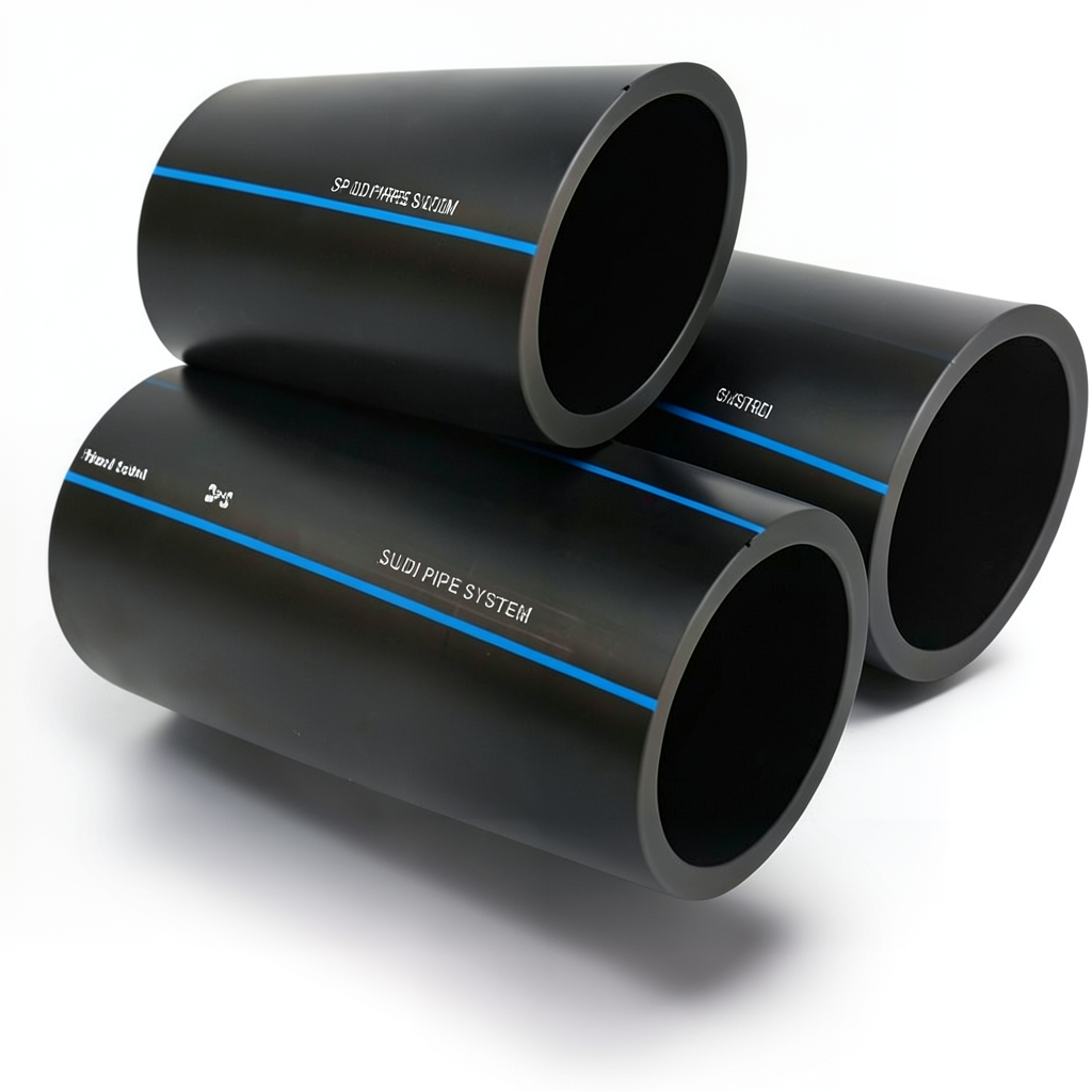 مواسير HDPE السعودي PE 80 ضغط 5 بار قطر خارجي 200 مم سمك 7.7 مم لون اسود | مصنع أنظمة الانابيب السعودي (SPS)