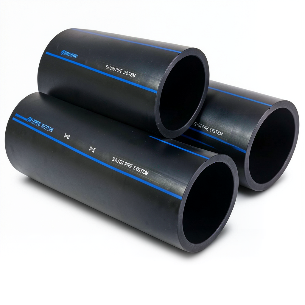 مواسير HDPE السعودي PE 80 ضغط 12.5 بار قطر خارجي 200 مم سمك 18.2 مم لون اسود | مصنع أنظمة الانابيب السعودي (SPS)