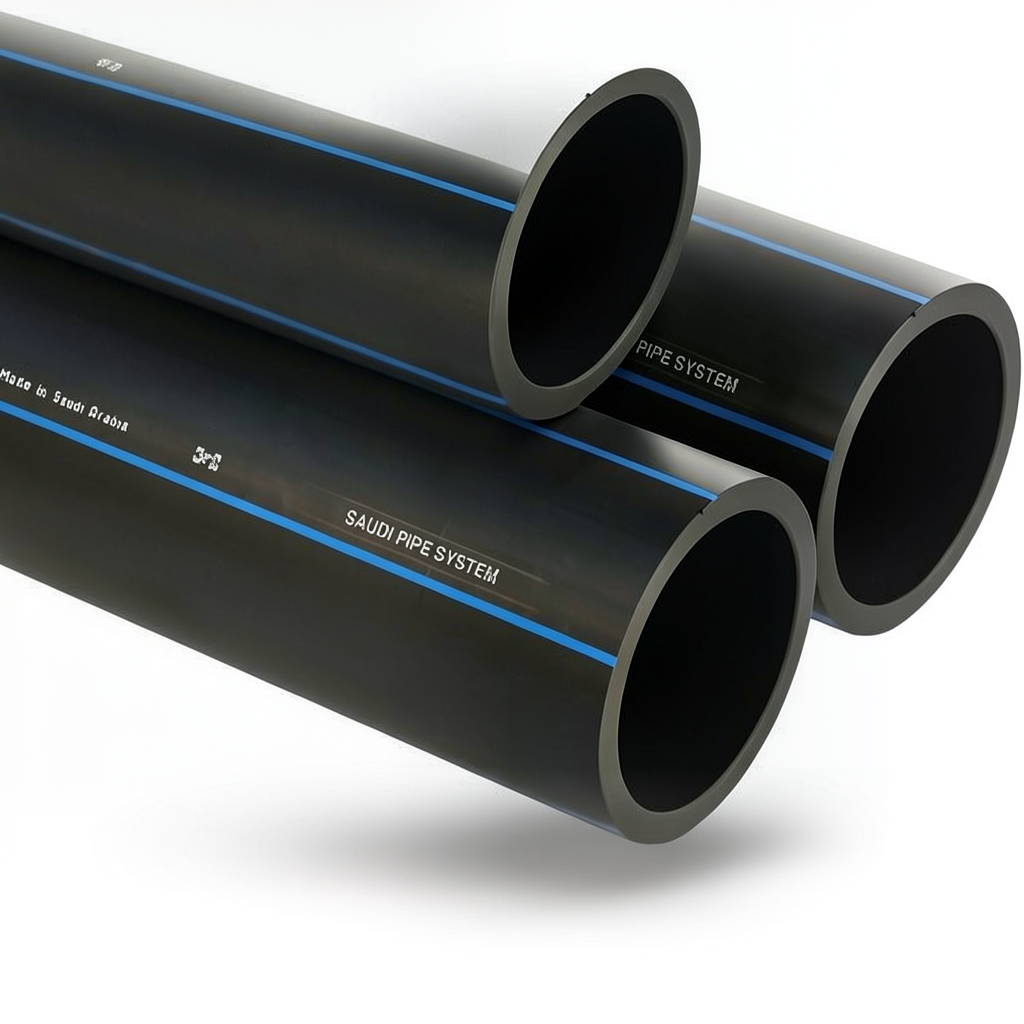 مواسير HDPE السعودي PE 80 ضغط 5 بار قطر خارجي 225 مم سمك 8.6 مم لون اسود | مصنع أنظمة الانابيب السعودي (SPS)