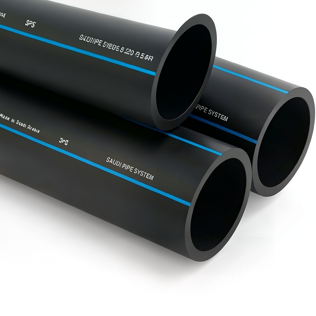 مواسير HDPE PE 80 ضغط 8 بار قطر خارجي 225 مم سمك 13.4 مم لون أسود | مصنع أنظمة الانابيب السعودي (SPS)