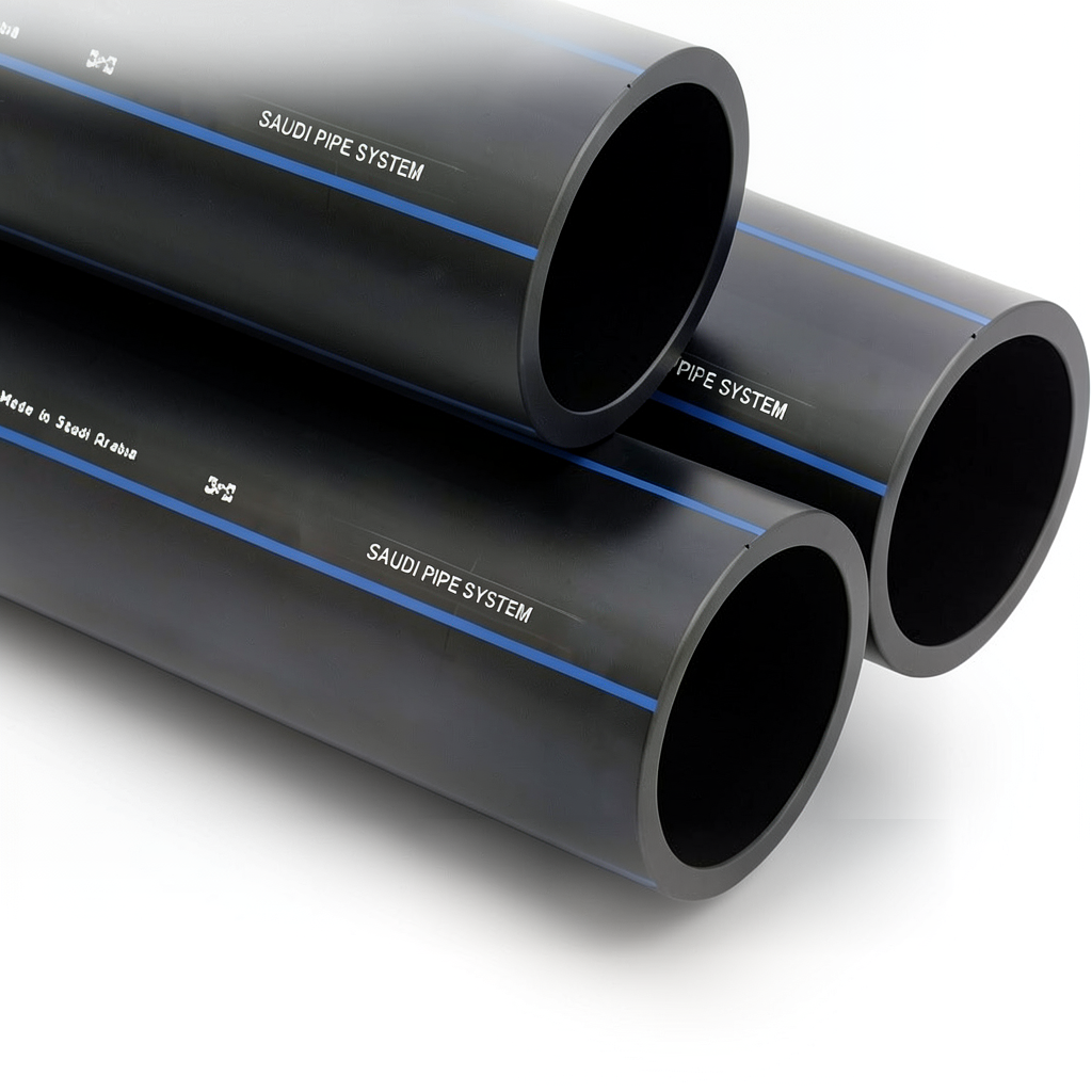 مواسير HDPE السعودي PE 80 ضغط 8 بار قطر خارجي 250 مم سمك 14.8 مم لون اسود | مصنع أنظمة الانابيب السعودي (SPS)