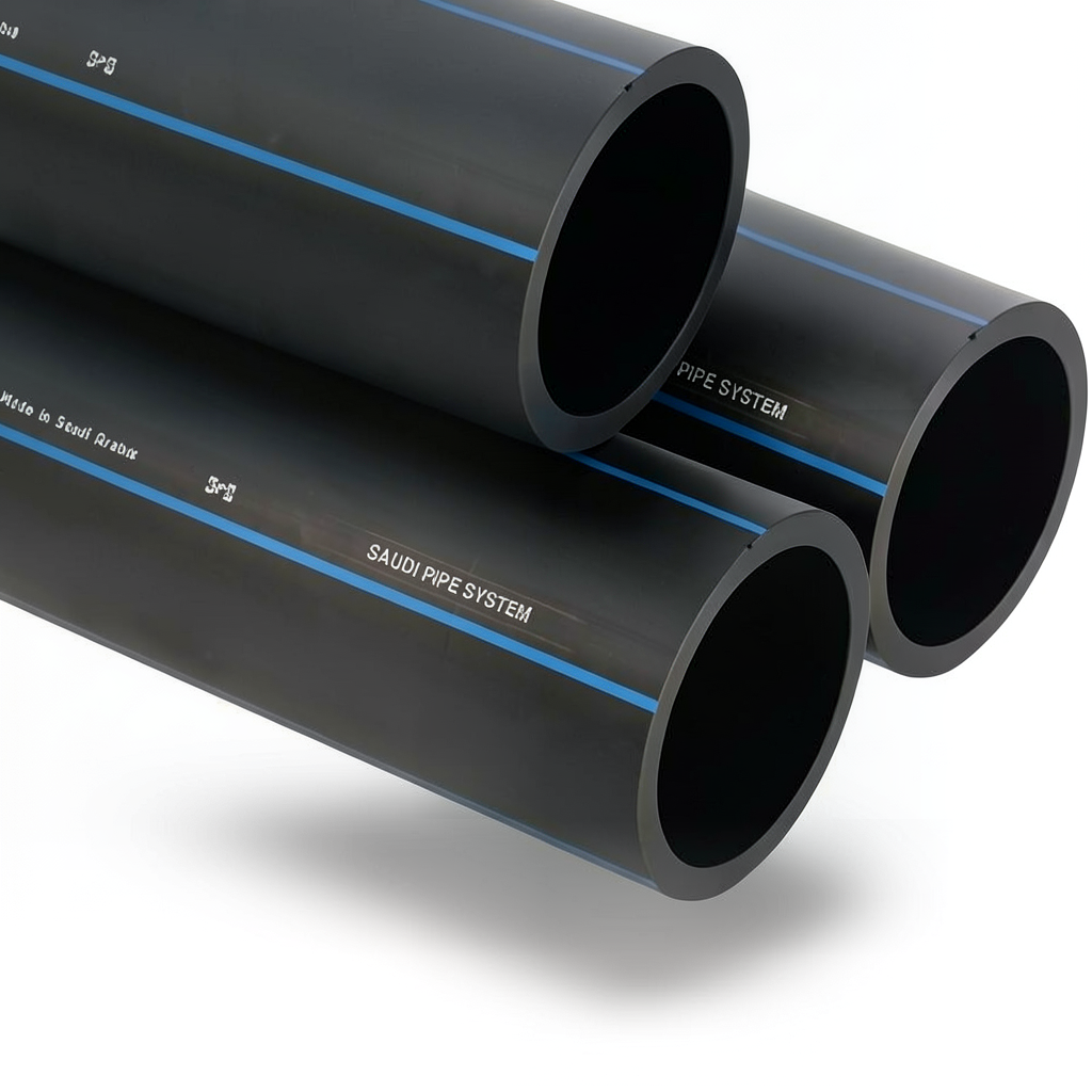 مواسير HDPE السعودي PE 80 ضغط 8 بار قطر خارجي 450 مم سمك 26.7 مم لون اسود | مصنع أنظمة الانابيب السعودي (SPS)