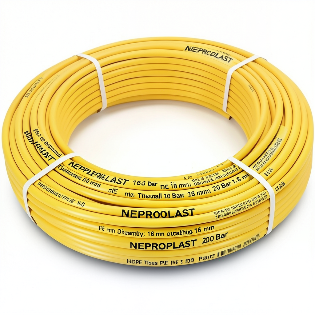 أنابيب HDPE PE 100 ضغط 20 بار قطر خارجي 16 مم سمك 1.8 مم لون أصفر | نيبروبلاست