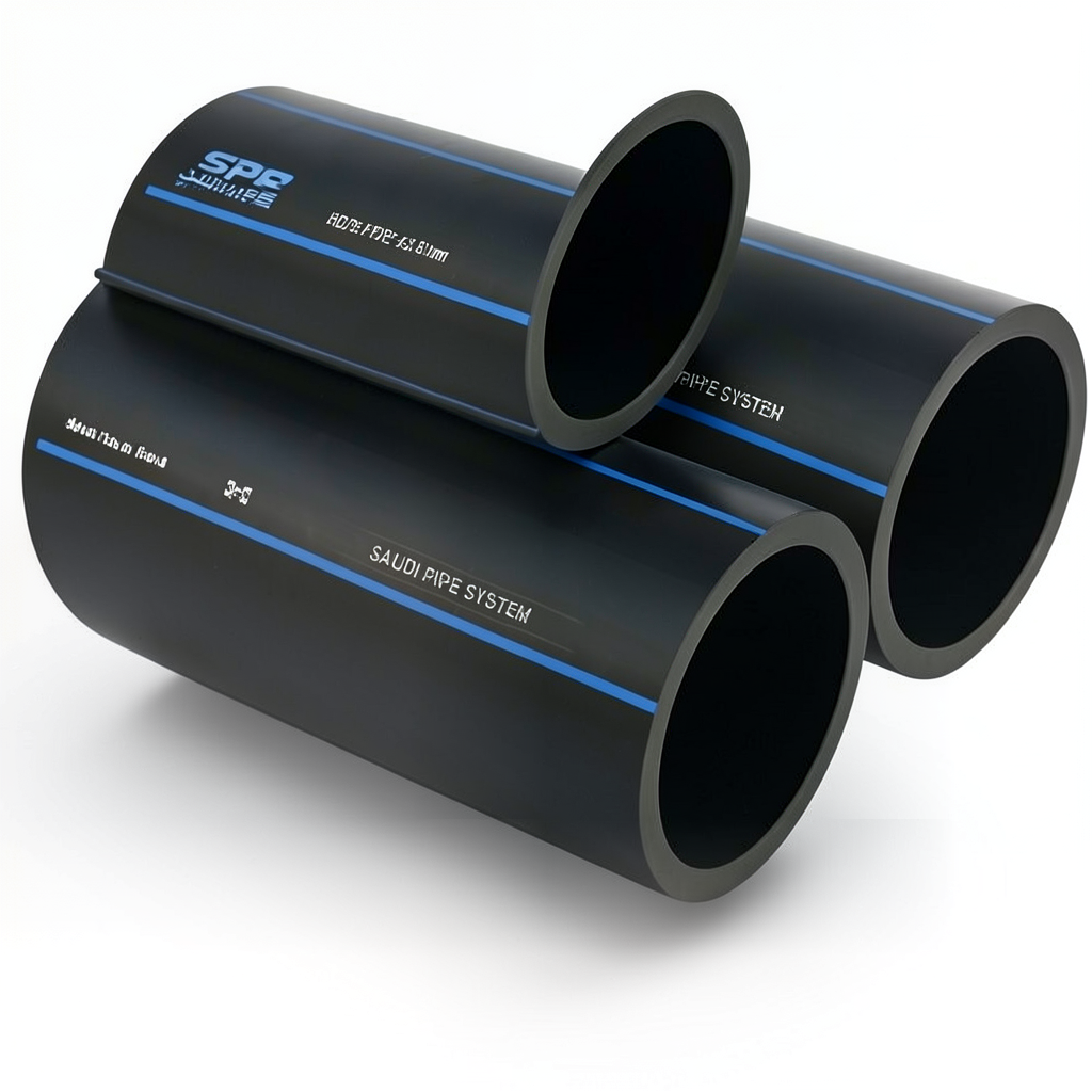 مواسير HDPE السعودي PE 80 ضغط 5 بار قطر خارجي 630 مم سمك 24.1 مم لون اسود | مصنع أنظمة الانابيب السعودي (SPS)