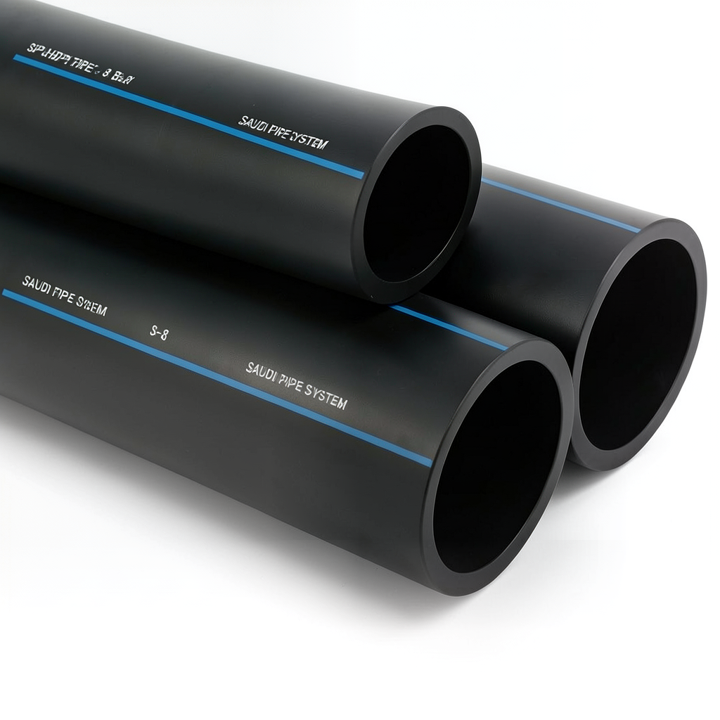 مواسير HDPE السعودي PE 80 ضغط 8 بار قطر خارجي 630 مم سمك 37.4 مم لون اسود | مصنع أنظمة الانابيب السعودي (SPS)