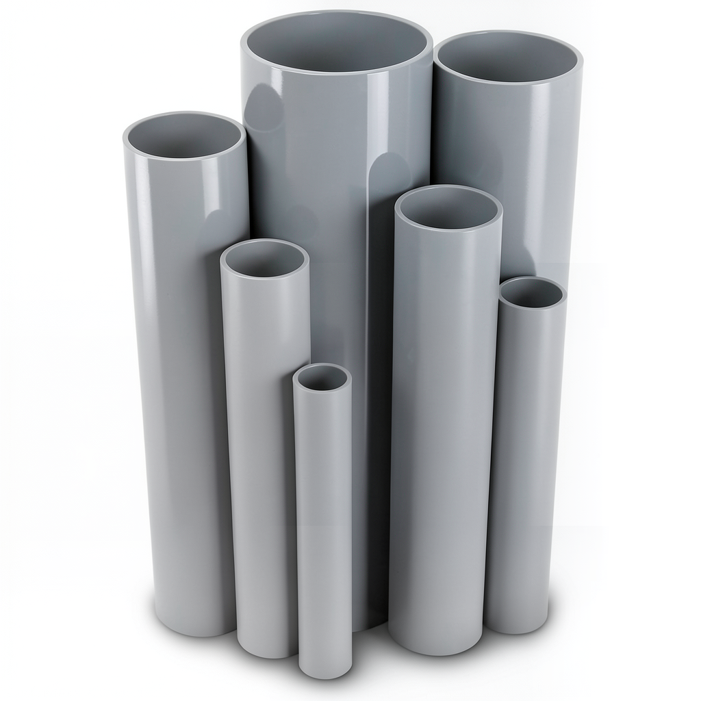 مواسير UPVC ضغط اسمي 21.7 بار مقاس ½ 1 إنش سمك 3.58 مم لون رمادي