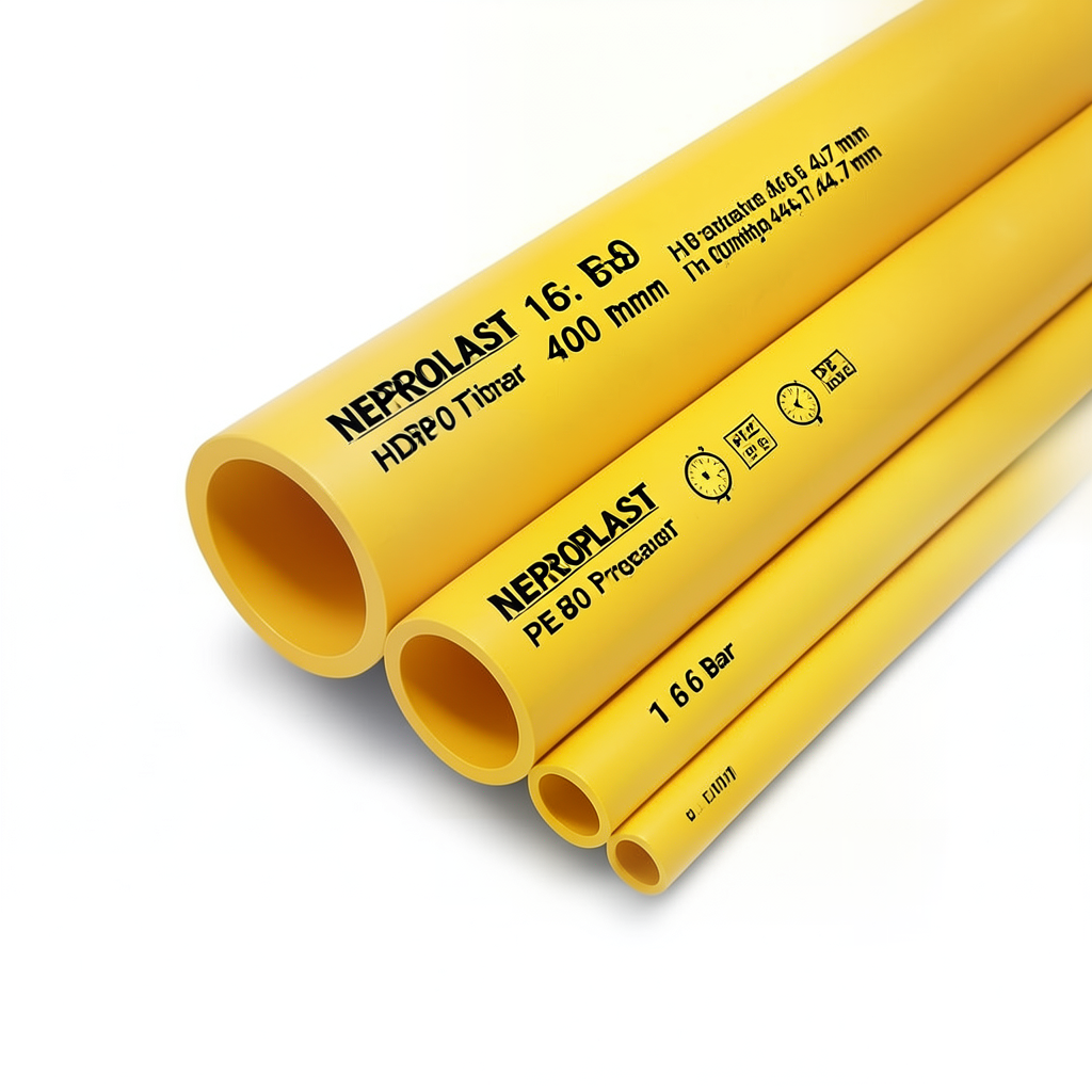 مواسير HDPE بولي إيثيلين عالي الكثافة PE 80 ضغط 16 بار قطر 400 مم سمك 44.7 مم أصفر | نيبروبلاست