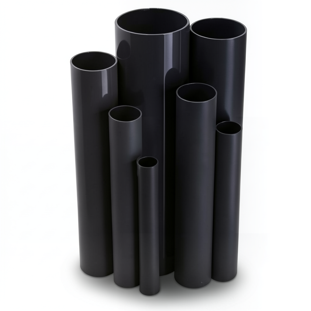 مواسير UPVC ضغط 8.6 بار مقاس ½ 1 إنش سمك 1.52 مم قطر خارجي 48.11 مم لون أسود