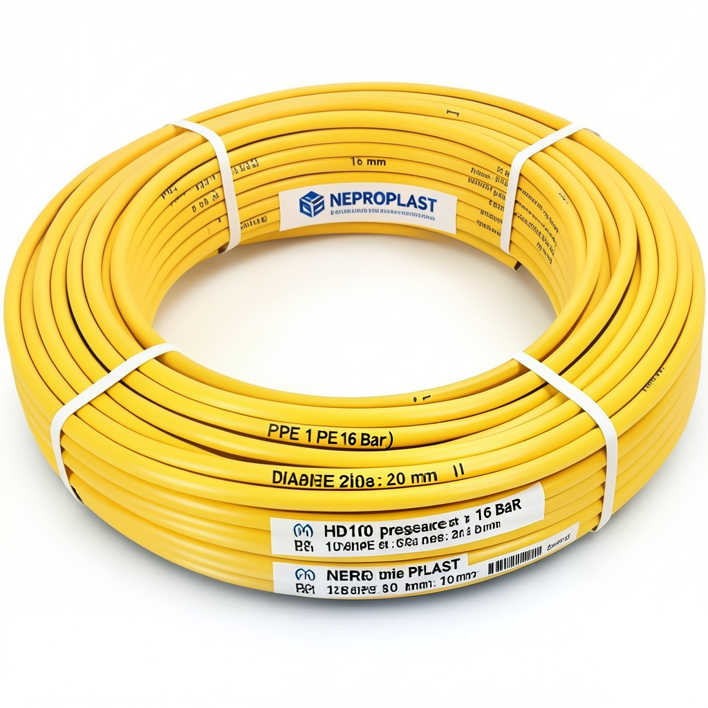 أنابيب HDPE PE 100 ضغط 16 بار قطر 20 مم سمك 1.9 مم لون أصفر | نيبروبلاست