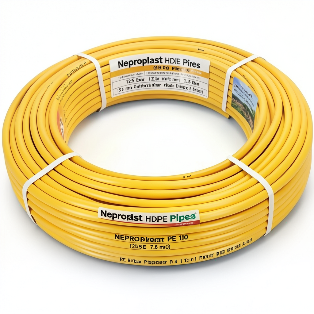 أنابيب HDPE نيبروبلاست PE 100 ضغط 12.5 بار قطر خارجي 75 مم سمك 5.6 مم لون أصفر | نيبروبلاست