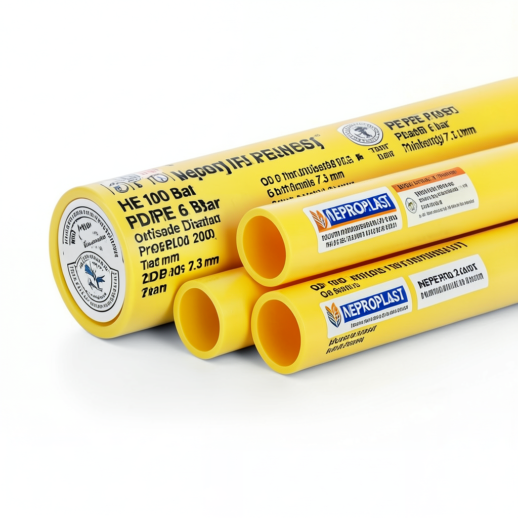 مواسير HDPE نيبروبلاست PE 100 ضغط 6 بار قطر خارجي 200 مم سمك 7.3 مم لون أصفر | نيبروبلاست