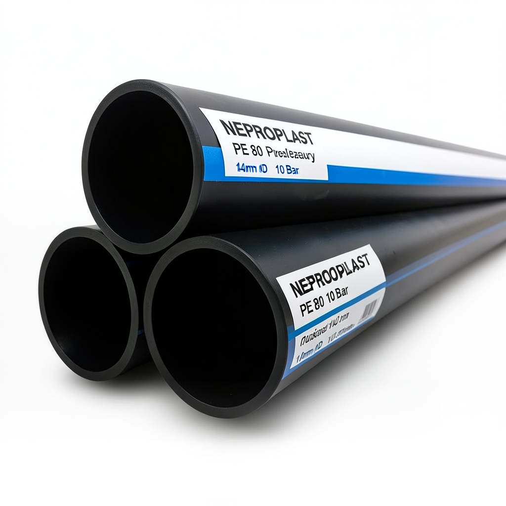 أنابيب HDPE PE 80 ضغط اسمي 10 بار قطر خارجي 140 مم سمك 10.3 مم لون أسود | نيبروبلاست