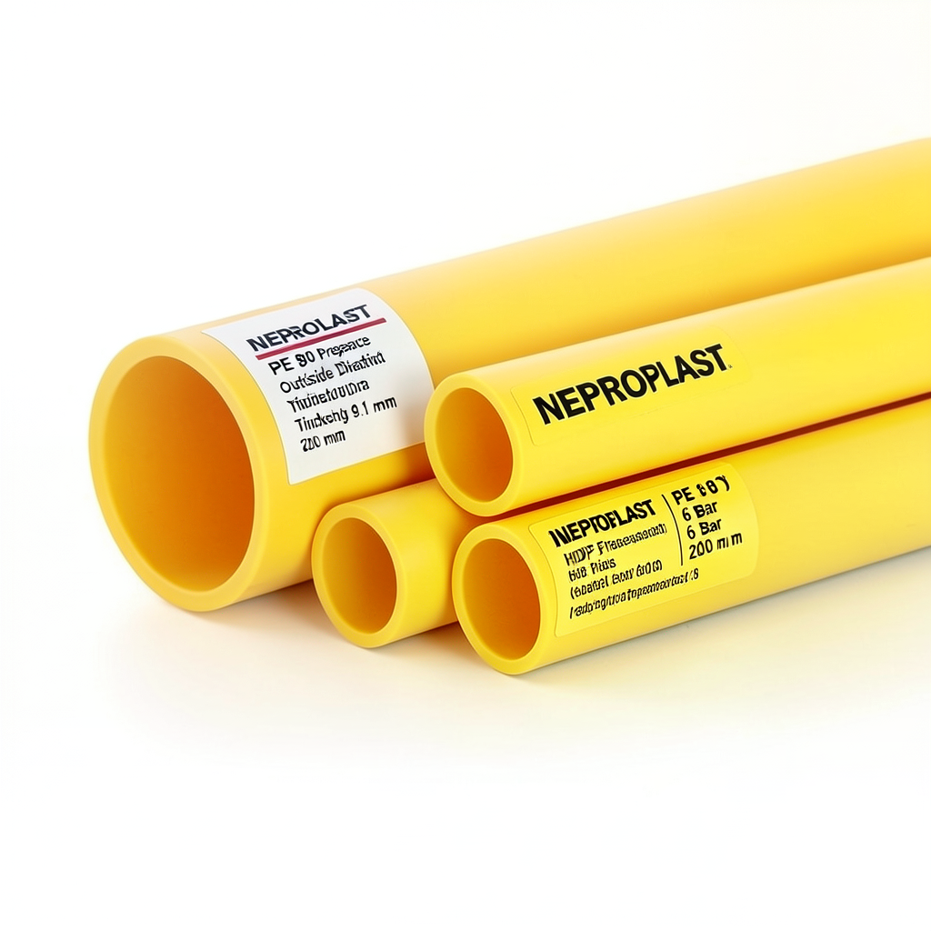 مواسير HDPE PE 80 ضغط 6 بار قطر خارجي 200 مم سمك 9.1 مم لون أصفر | نيبروبلاست