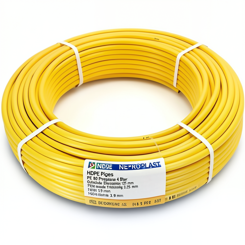أنابيب HDPE PE 80 ضغط 4 بار قطر خارجي 125 مم سمك 3.9 مم لون أصفر | نيبروبلاست
