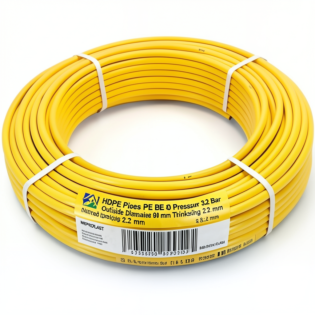 أنابيب HDPE PE 80 ضغط 3.2 بار قطر خارجي 90 مم سمك 2.2 مم لون أصفر | نيبروبلاست