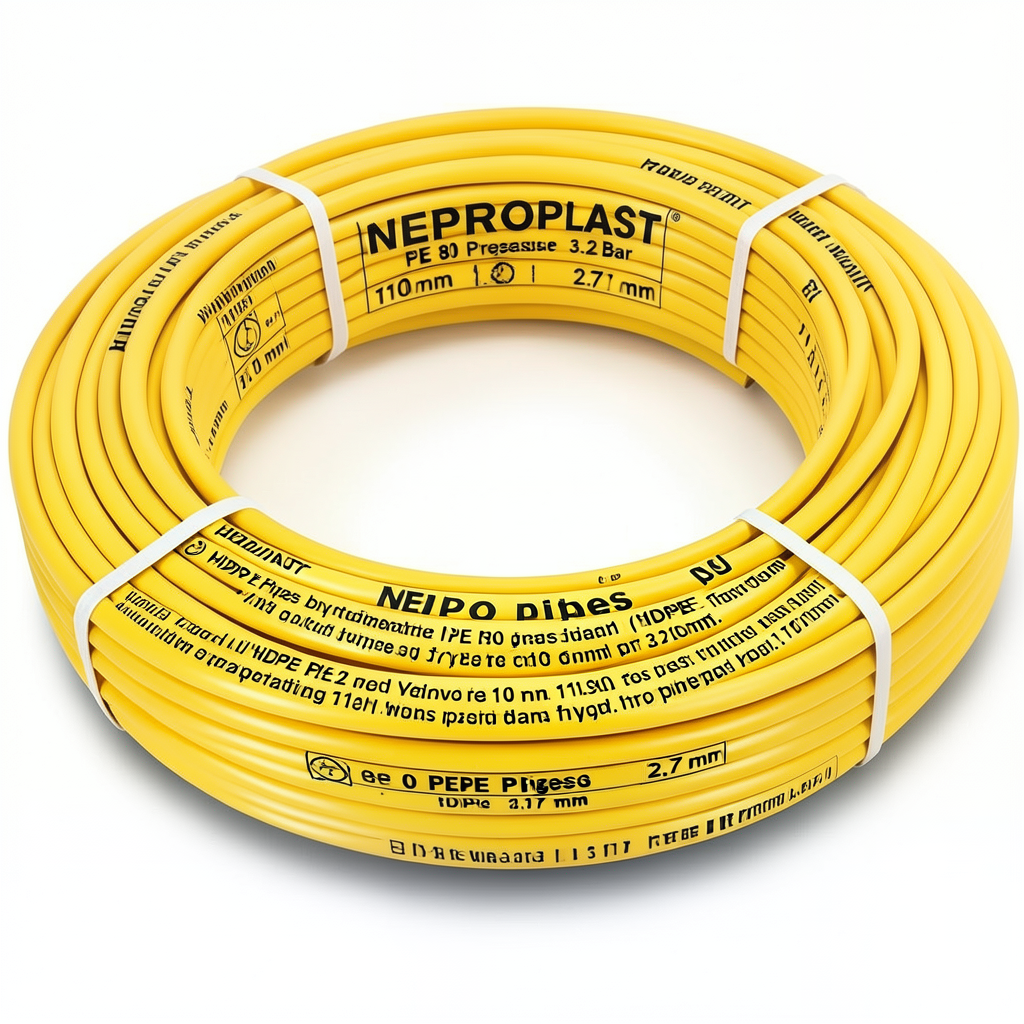 أنابيب HDPE PE 80 ضغط 3.2 بار قطر خارجي 110 مم سمك 2.7 مم لون أصفر | نيبروبلاست