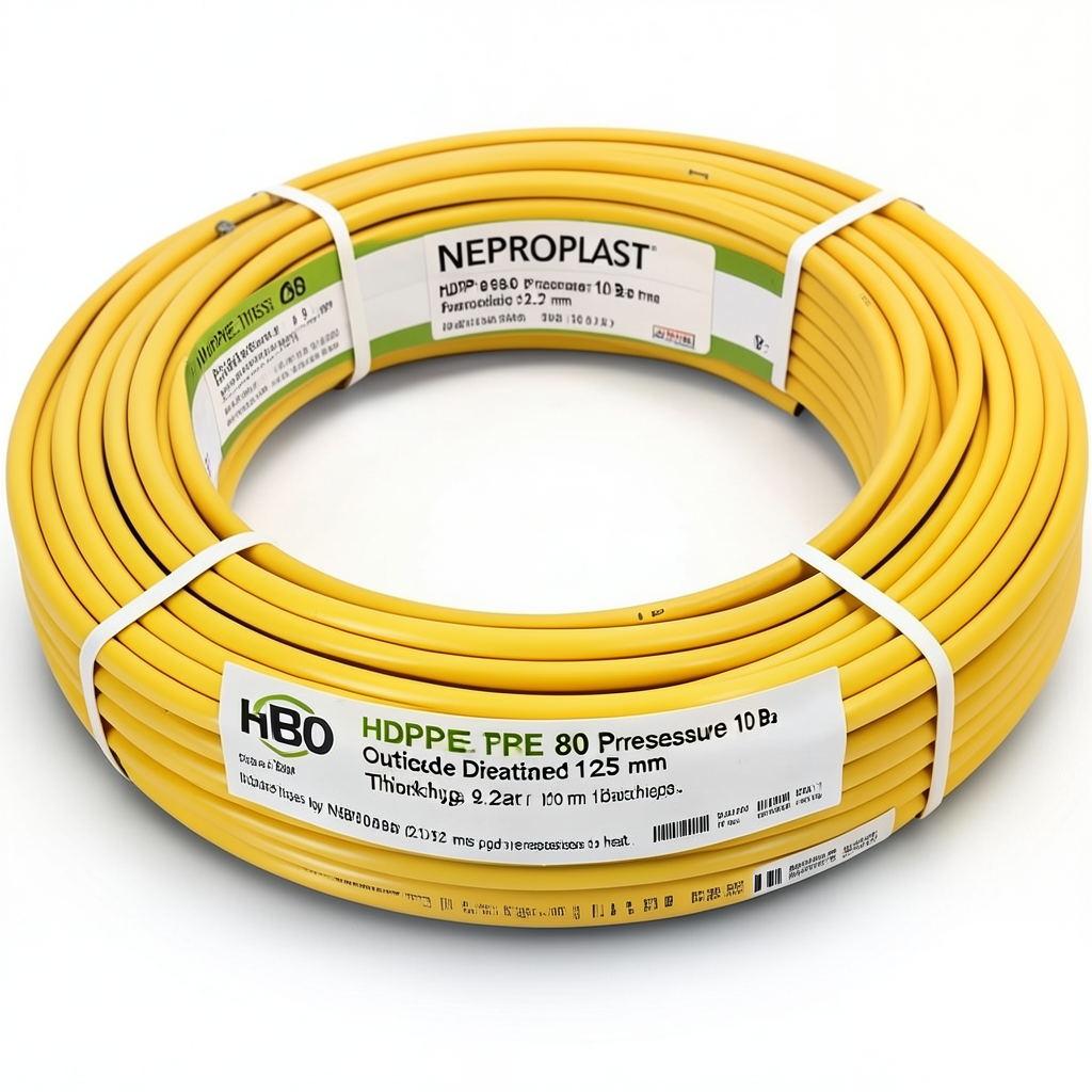 أنابيب HDPE PE 80 ضغط 10 بار قطر خارجي 125 مم سمك 9.2 مم لون أصفر | نيبروبلاست