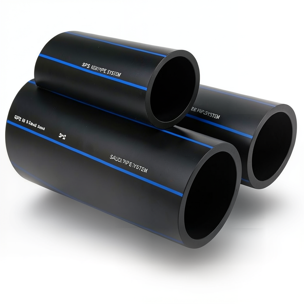 أنابيب HDPE السعودي PE 100 ضغط 16 بار قطر خارجي 90 مم سمك 8.2 مم لون اسود | مصنع أنظمة الانابيب السعودي (SPS)