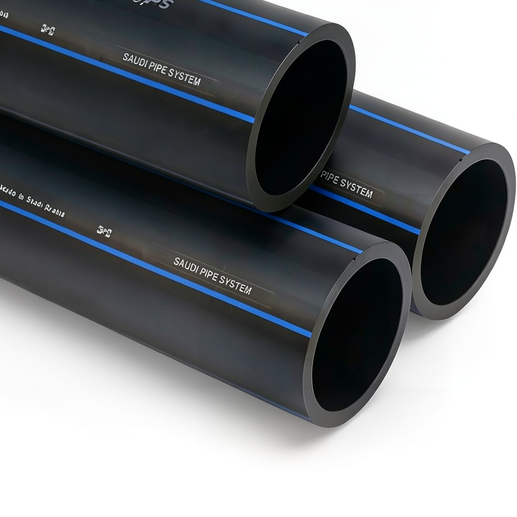 أنابيب HDPE السعودي PE 100 ضغط 16 بار قطر خارجي 90 مم سمك 8.2 مم لون اسود | مصنع أنظمة الانابيب السعودي (SPS)