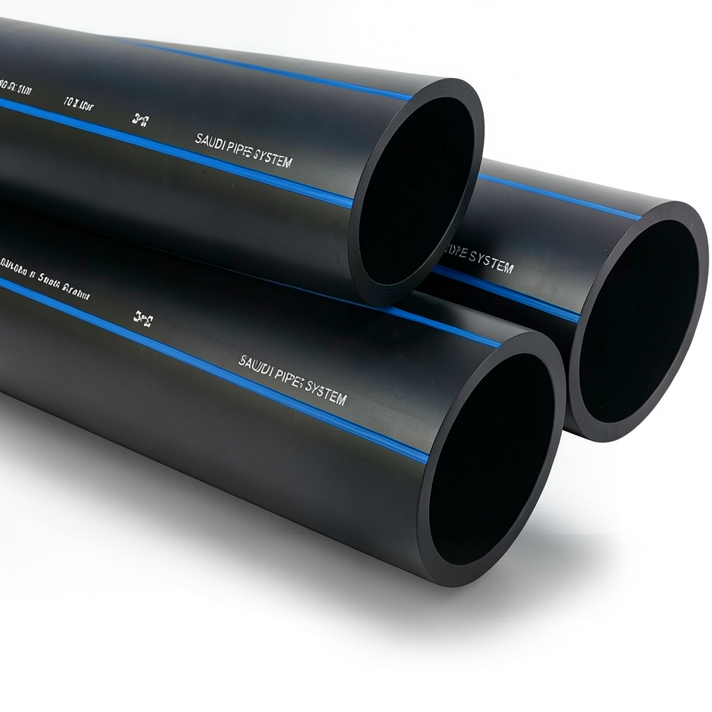 مواسير HDPE السعودي PE 100 ضغط 10 بار قطر خارجي 140 مم سمك 8.3 مم لون اسود | مصنع أنظمة الانابيب السعودي (SPS)