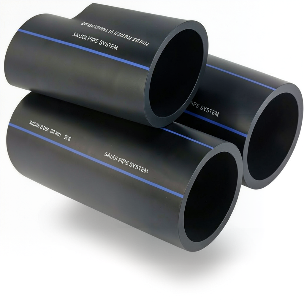أنابيب HDPE السعودي PE 100 ضغط 16 بار قطر خارجي 200 مم سمك 18.2 مم لون اسود | مصنع أنظمة الانابيب السعودي (SPS)