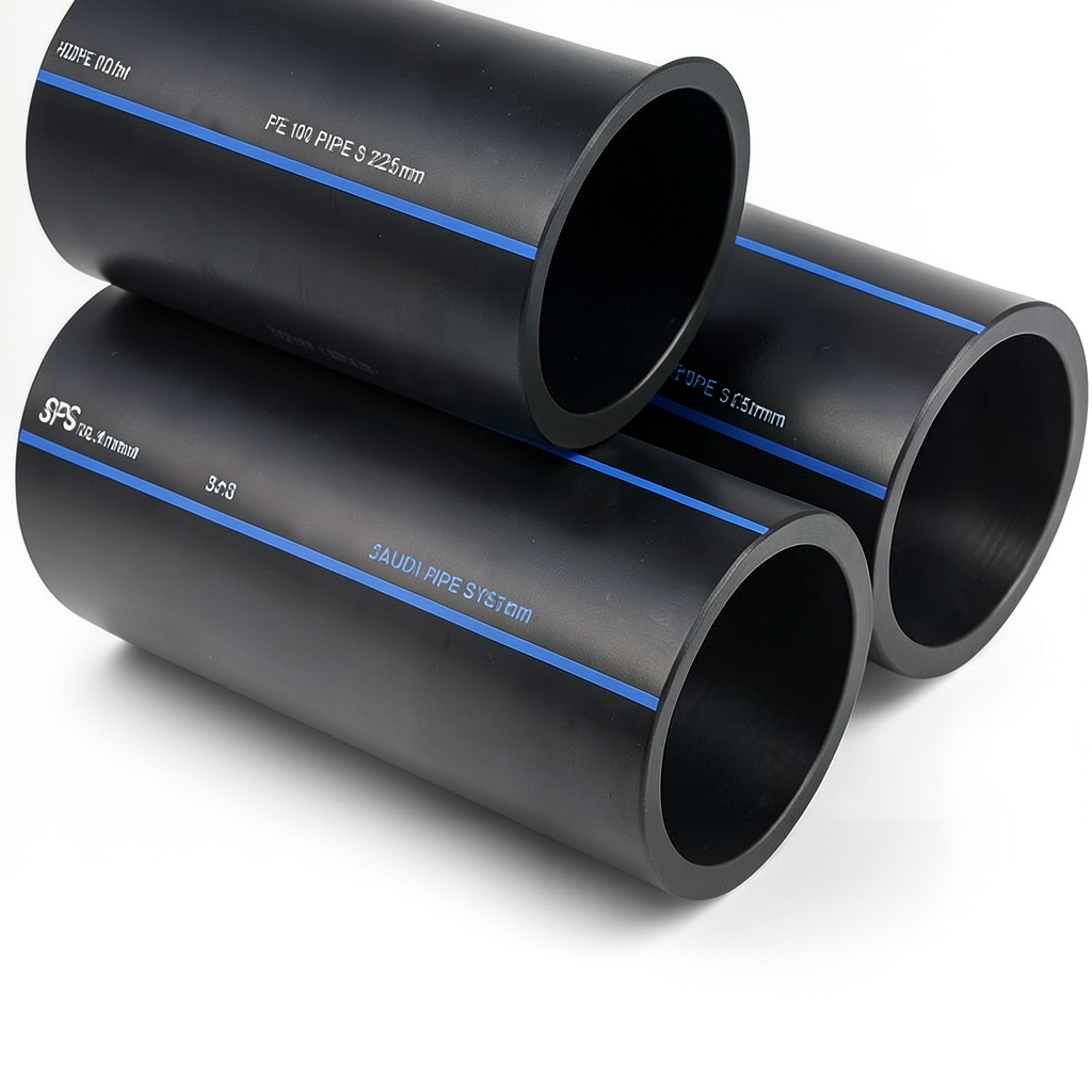 أنابيب HDPE PE 100 ضغط 10 بار قطر خارجي 225 مم سمك 13.4 مم لون أسود | مصنع أنظمة الانابيب السعودي (SPS)